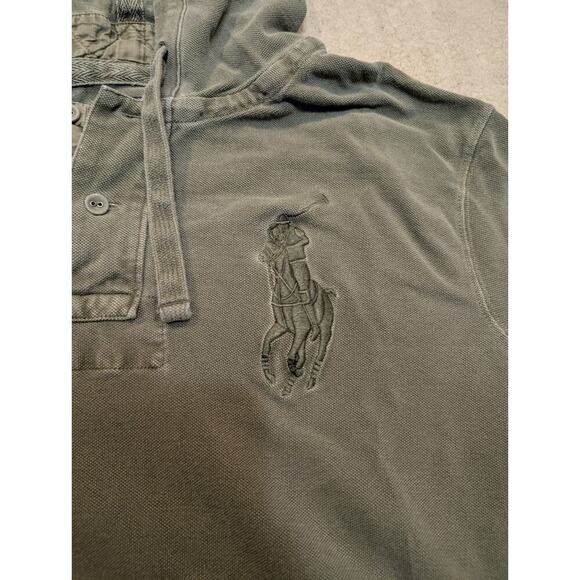 VTG Polo Ralph Lauren Hoodie Big Pony Mens S Army Green Henley Elbow Pads - Picture 2 of 9